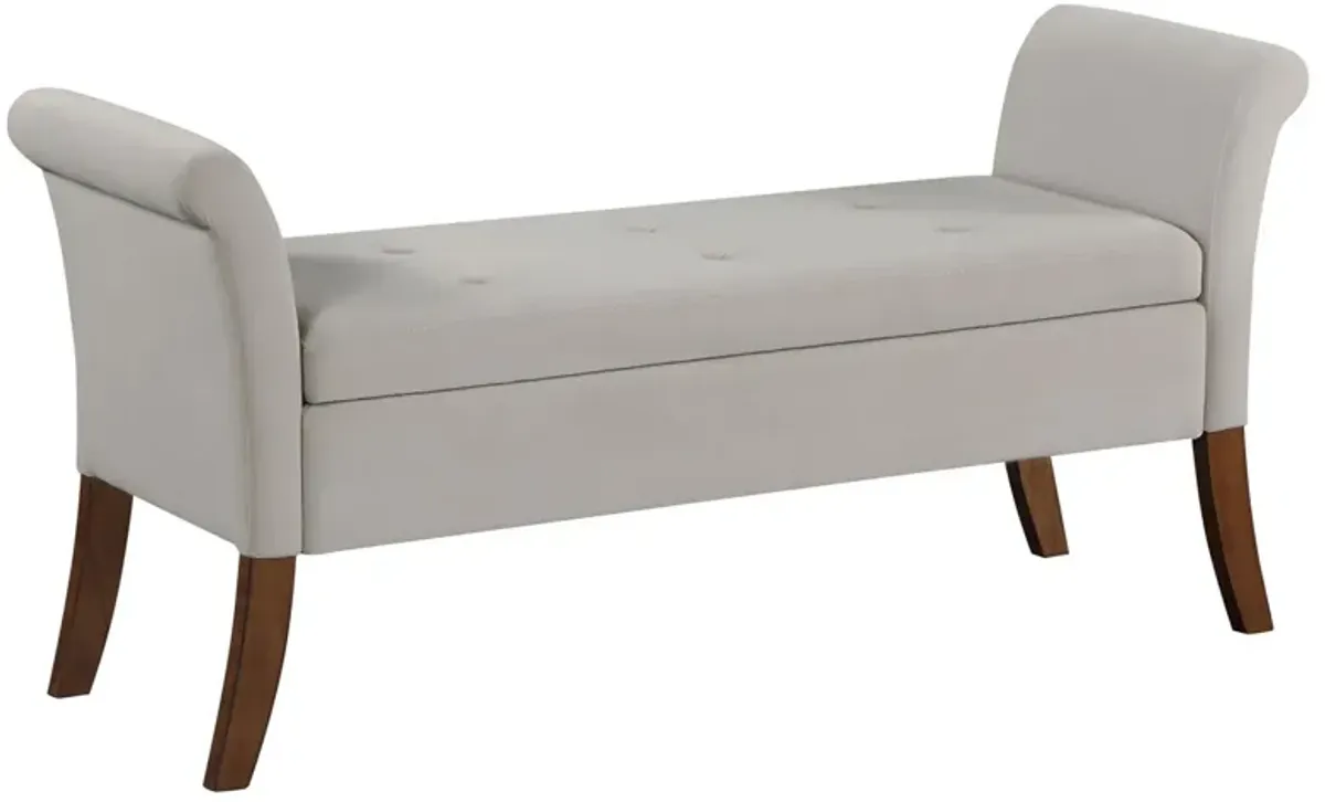 Ako 52 Inch Storage Bench, Button Tufting, Flared Arms, Beige Upholstery - Benzara