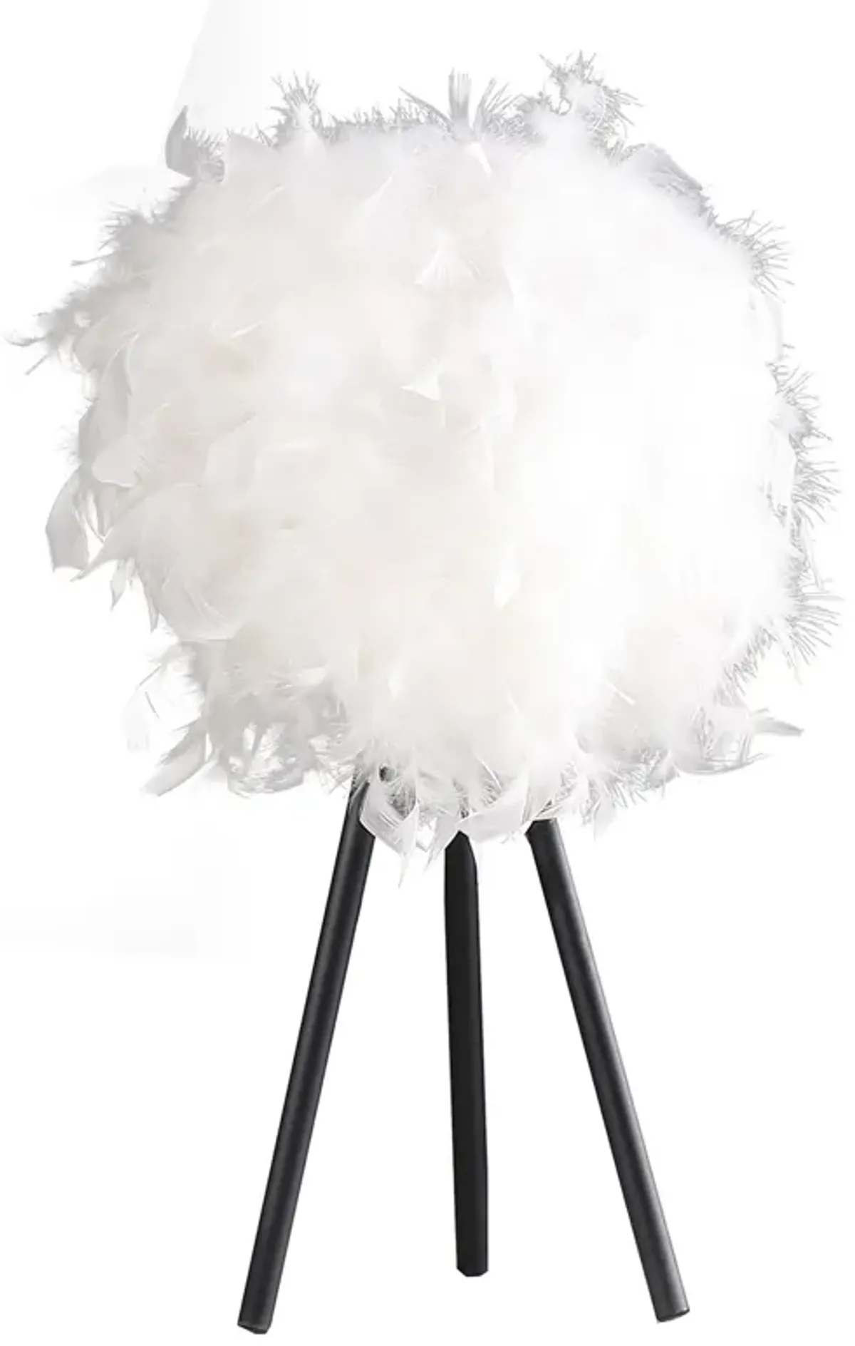 Rio 21 Inch Accent Table Lamp, White Feather Shade, Black Metal Tripod Base - Benzara