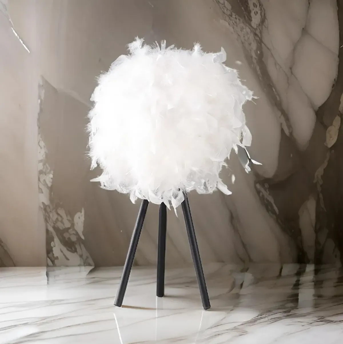 Rio 21 Inch Accent Table Lamp, White Feather Shade, Black Metal Tripod Base - Benzara