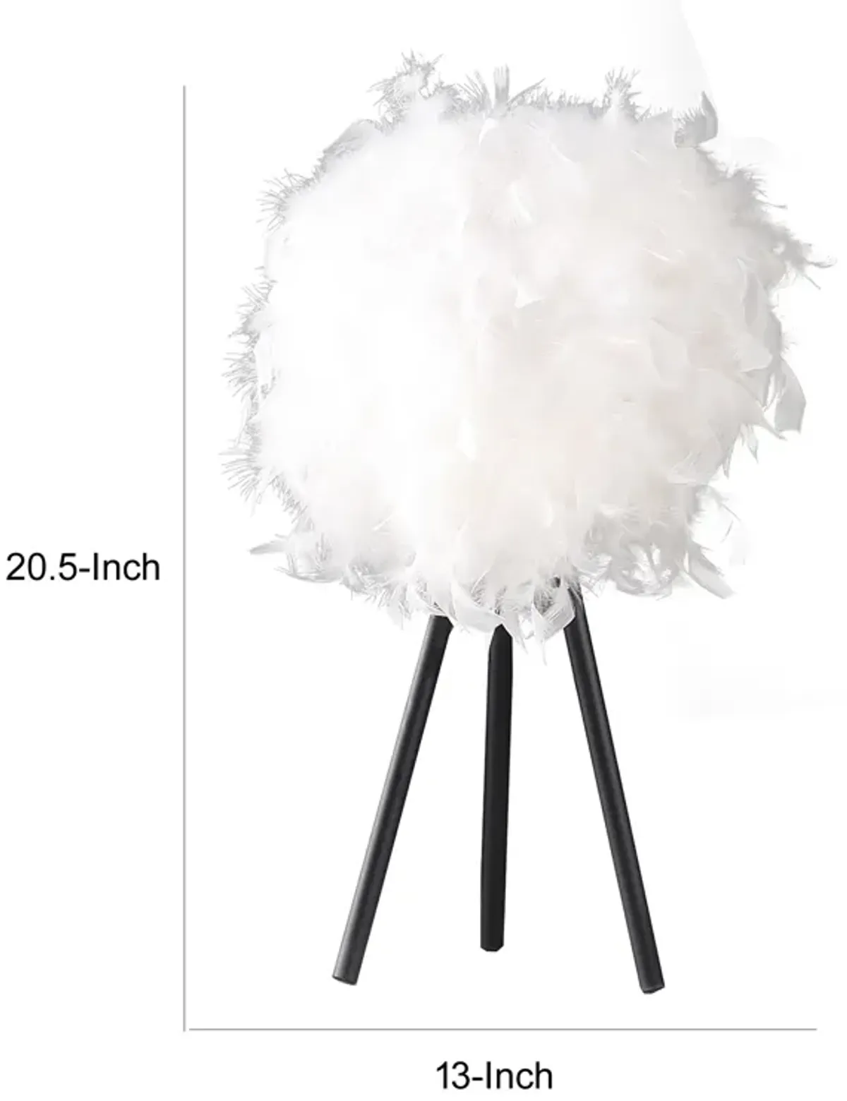 Rio 21 Inch Accent Table Lamp, White Feather Shade, Black Metal Tripod Base - Benzara