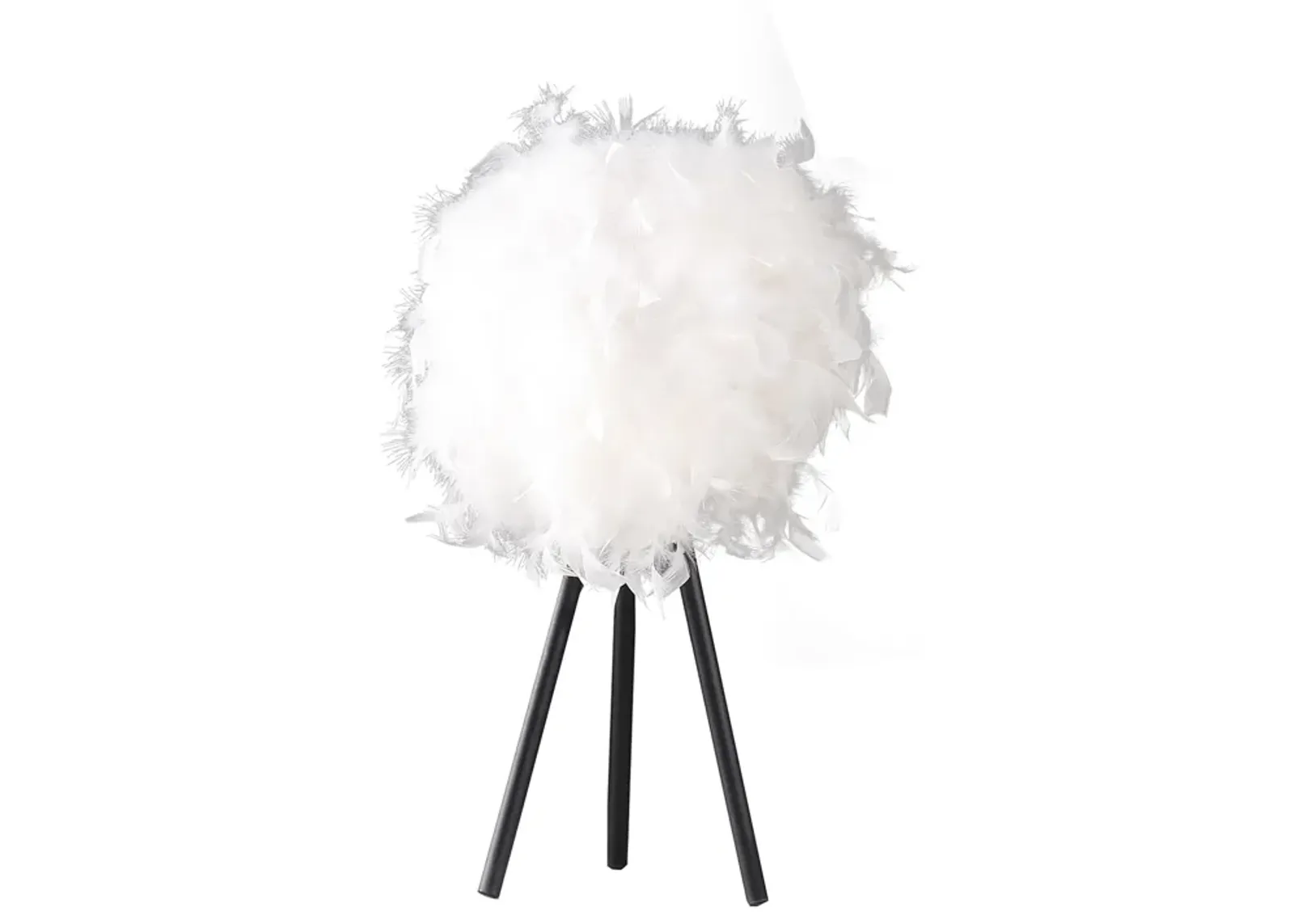 Rio 21 Inch Accent Table Lamp, White Feather Shade, Black Metal Tripod Base - Benzara