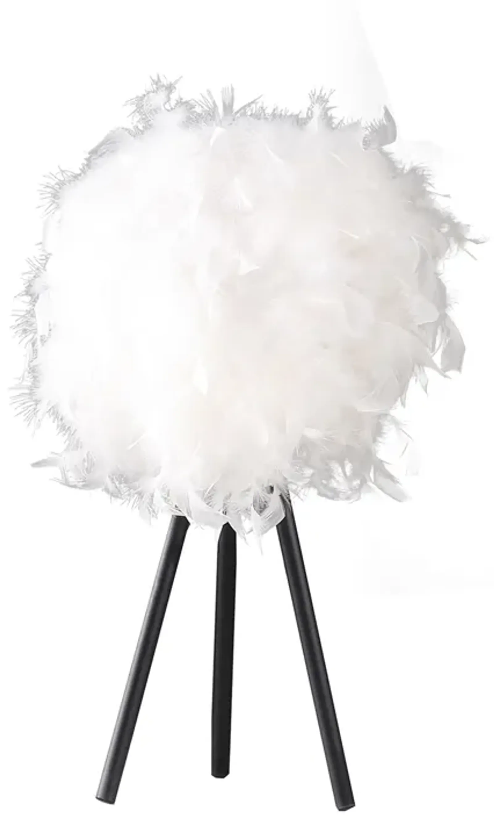 Rio 21 Inch Accent Table Lamp, White Feather Shade, Black Metal Tripod Base - Benzara