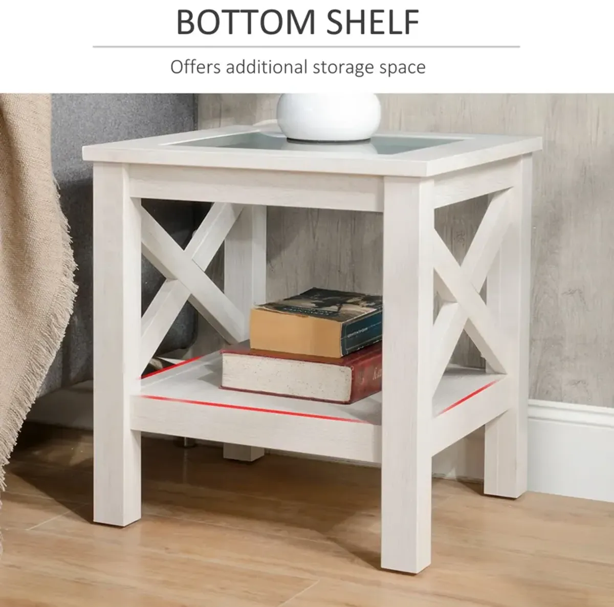 White Oak Side Table: Farmhouse End Table with Glass Top