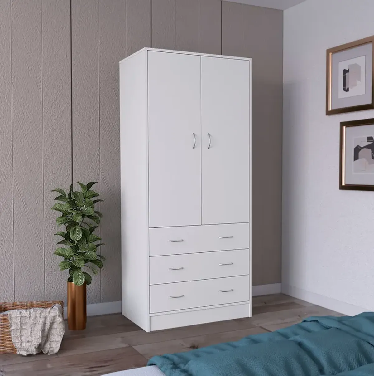 Melfa 71" H Armoire, with 2 doors, 3 drawers and 1 hanging rod, White,Bedroom