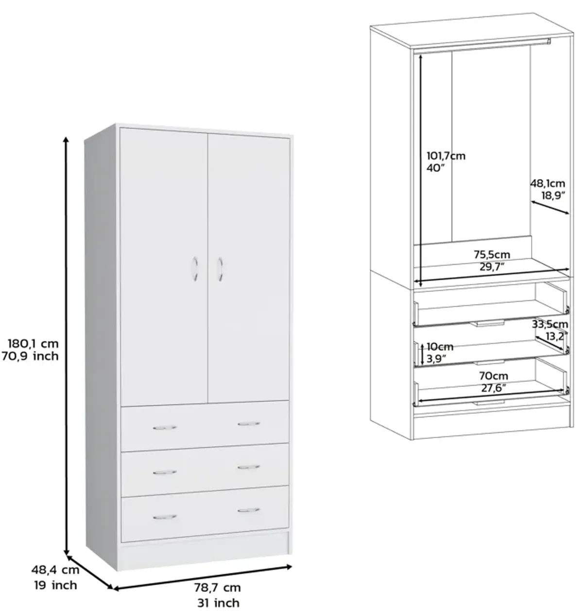 Melfa 71" H Armoire, with 2 doors, 3 drawers and 1 hanging rod, White,Bedroom