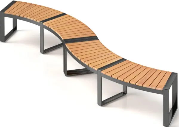 Patio Curved Bench with Slatted Seat and Metal Legs-2 Pieces