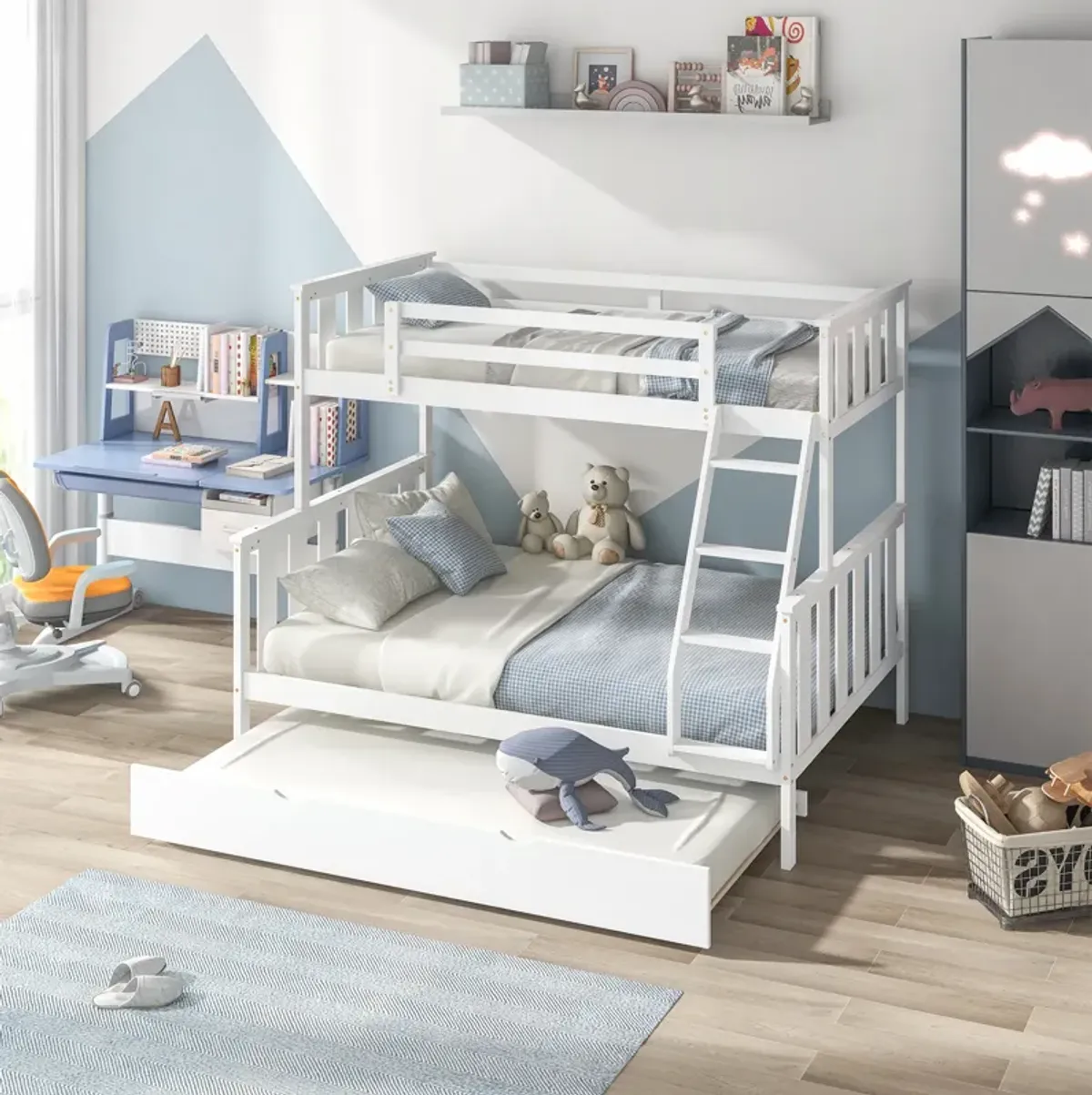 3-in-1 Twin Over Full Bunk Bed with Trundle and Ladder