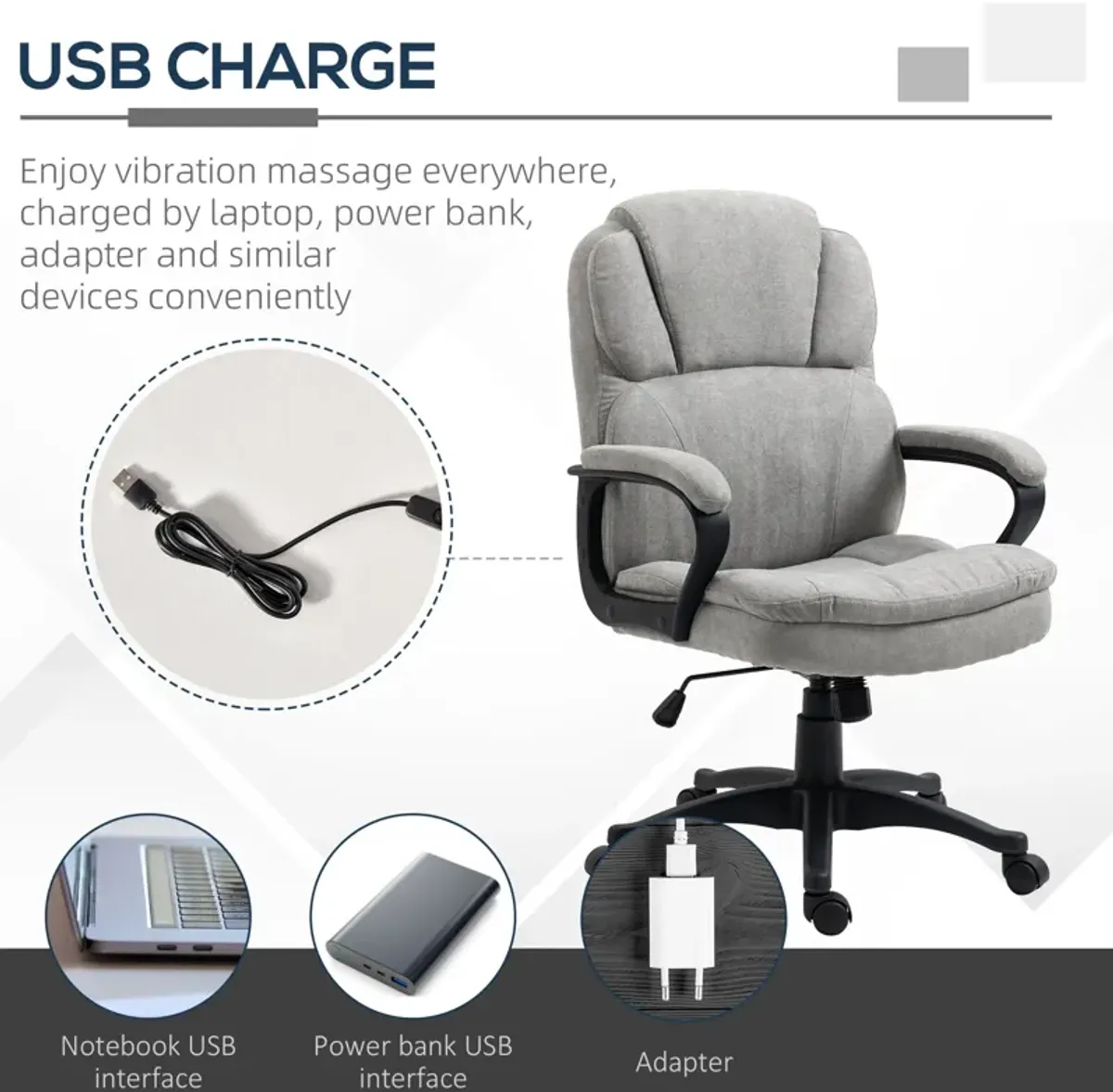 Light Gray Office Comfort: Massage Desk Chair with USB & Vibration Points