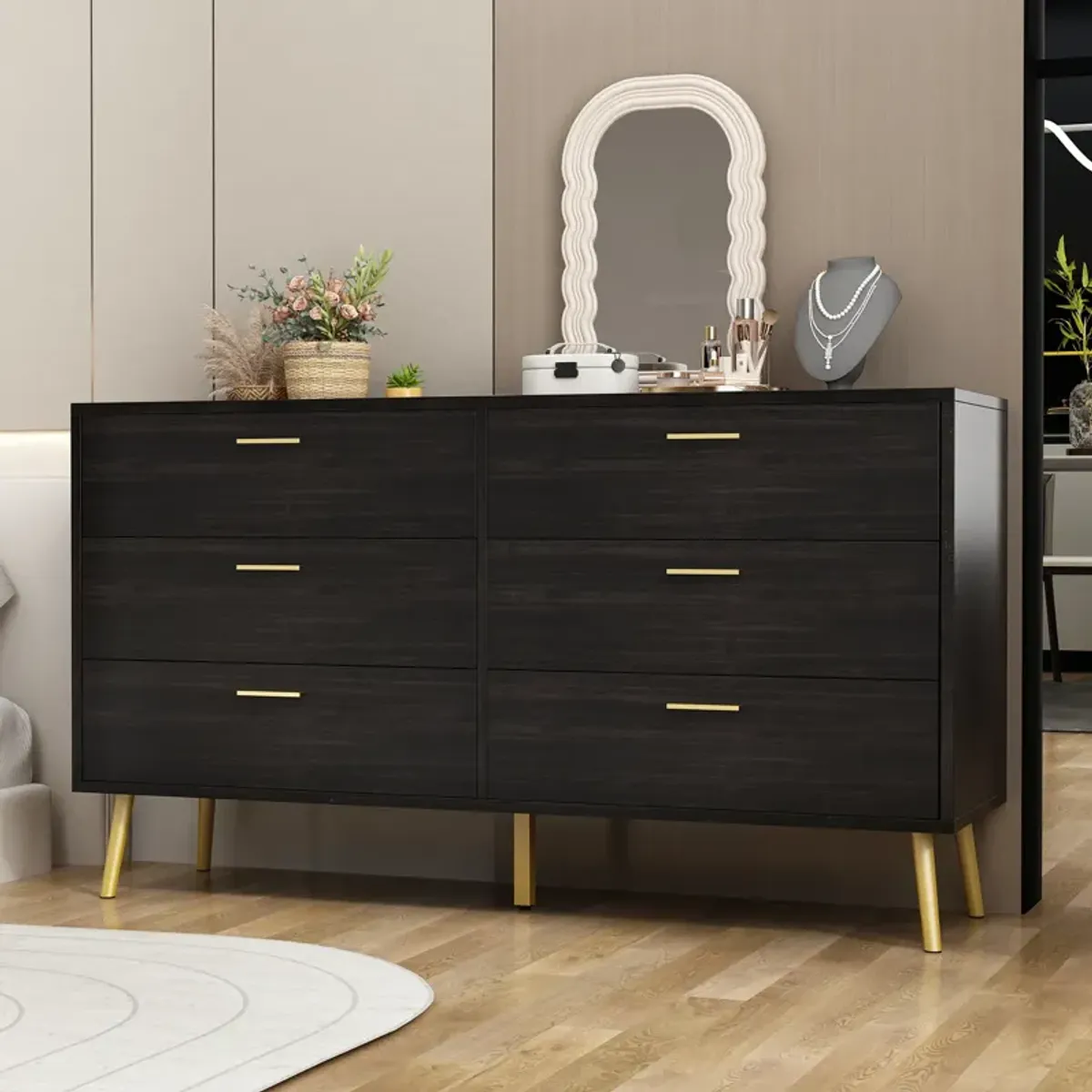 54” 6 Drawer Dresser, Modern 6-Drawer Chest with Gold Metal Handles, Bedroom Dresser with Gold Metal Legs, for Living Room Entryway (54”W x 15.7”D x 30.1”H)