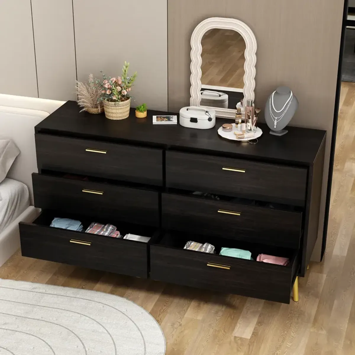 54” 6 Drawer Dresser, Modern 6-Drawer Chest with Gold Metal Handles, Bedroom Dresser with Gold Metal Legs, for Living Room Entryway (54”W x 15.7”D x 30.1”H)