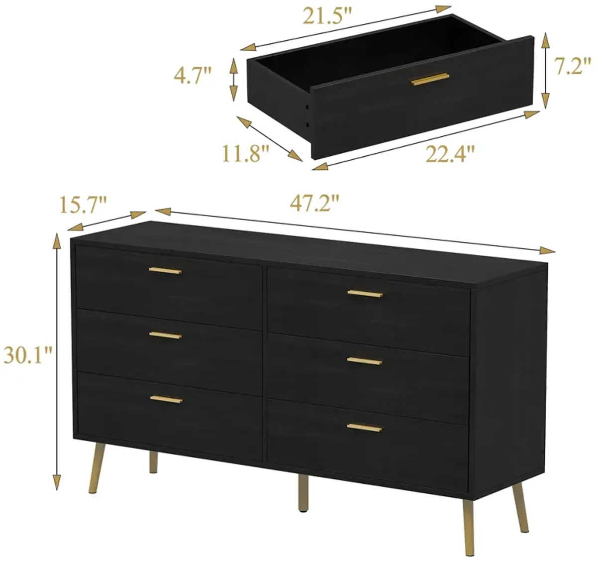 54” 6 Drawer Dresser, Modern 6-Drawer Chest with Gold Metal Handles, Bedroom Dresser with Gold Metal Legs, for Living Room Entryway (54”W x 15.7”D x 30.1”H)