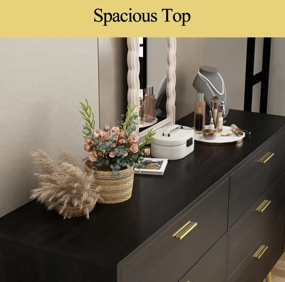 54” 6 Drawer Dresser, Modern 6-Drawer Chest with Gold Metal Handles, Bedroom Dresser with Gold Metal Legs, for Living Room Entryway (54”W x 15.7”D x 30.1”H)