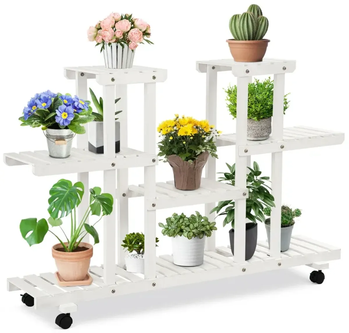 4-Tier Wood Casters Rolling Shelf Plant Stand