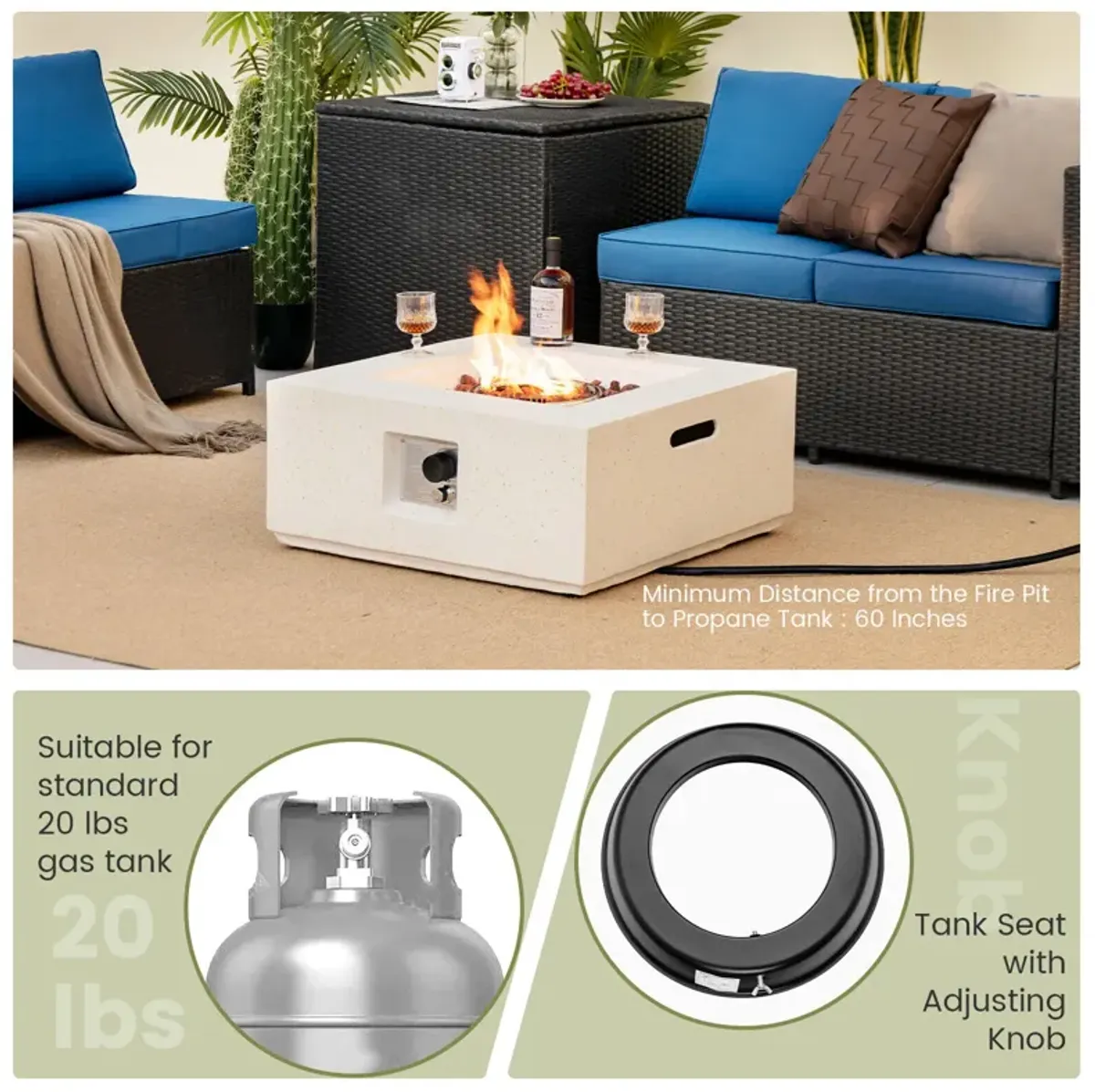 28 Inch 40000 BTU Square Propane Gas Fire Pit with PVC Cover-White