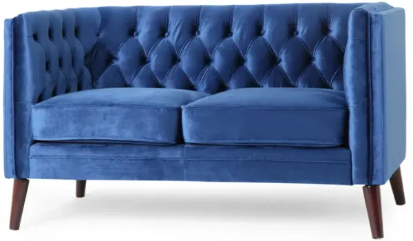 Janie Loveseat, Modern 54 Inch, Button Tufted Diamond Stitch Blue Velvet - Benzara