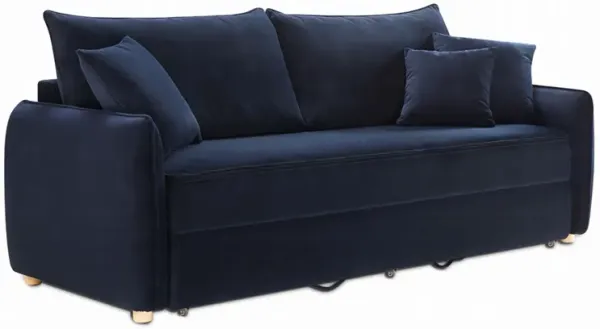 Leif Sleeper Sofa, Full Fold Out Bed, 3 Pillows, Blue Velvet 88 Inch - Benzara