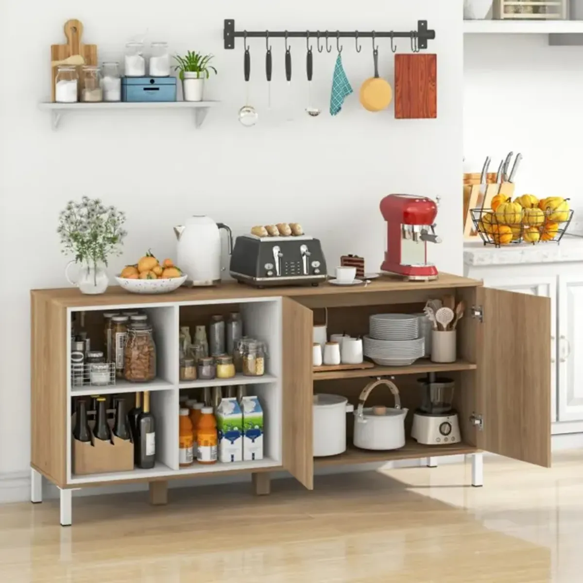 Hivvago 63 Inches Buffet Sideboard with 4 Compartments and Push-to-Open Cabinet