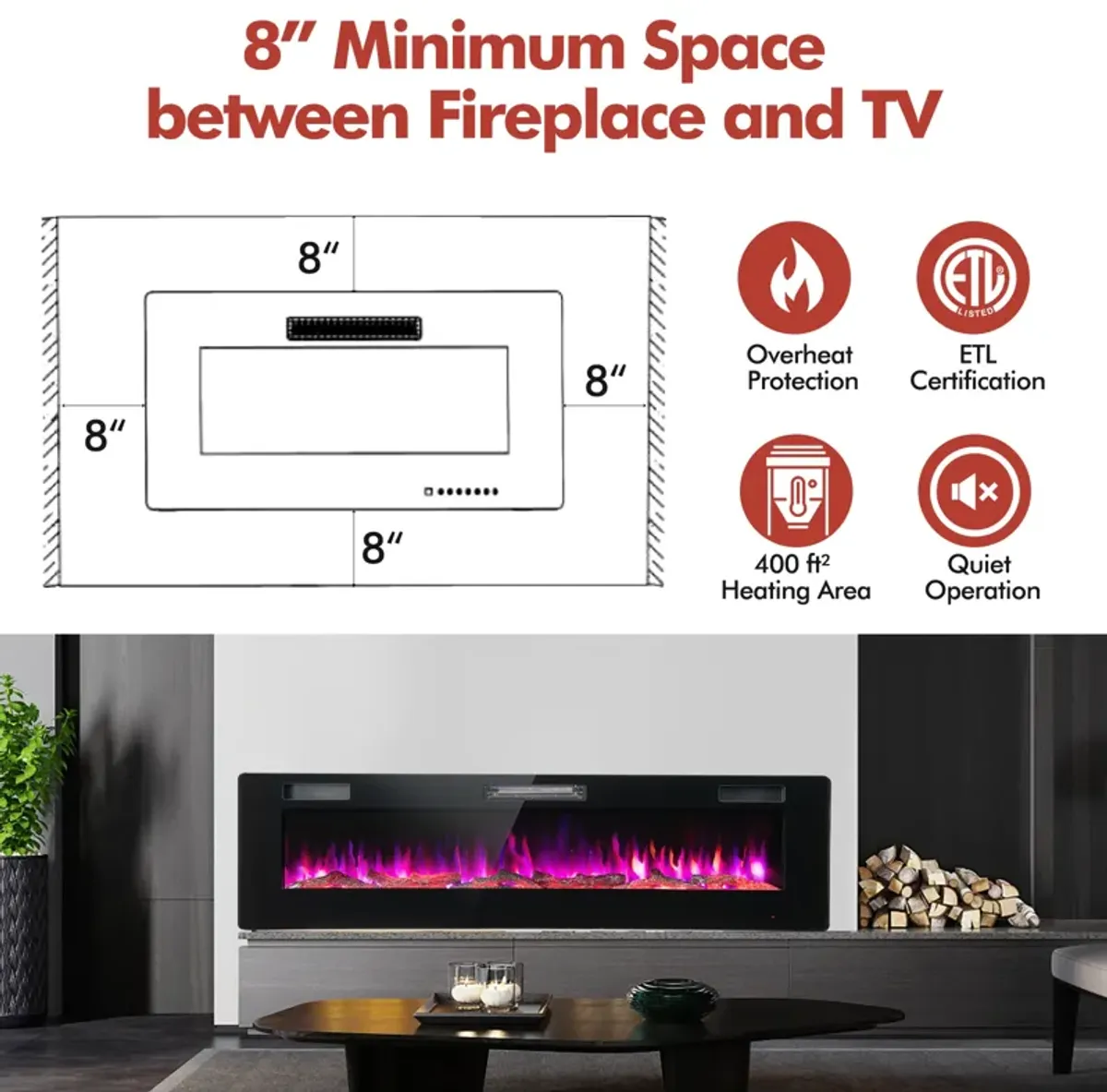 60-Inch Ultra-Thin Electric Fireplace with Remote Control and Timer Function for Modern Homes