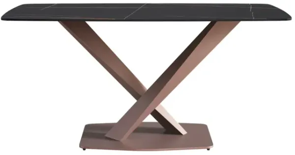 63" Modern artificial stone black curved metal leg dining table -6 people