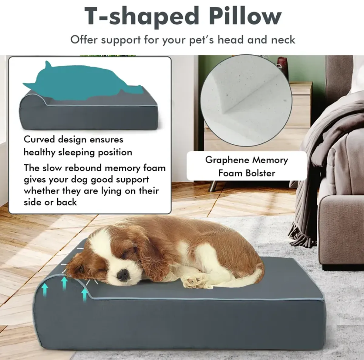 Orthopedic Dog Bed with Headrest and Removable Washable Cover-Grey