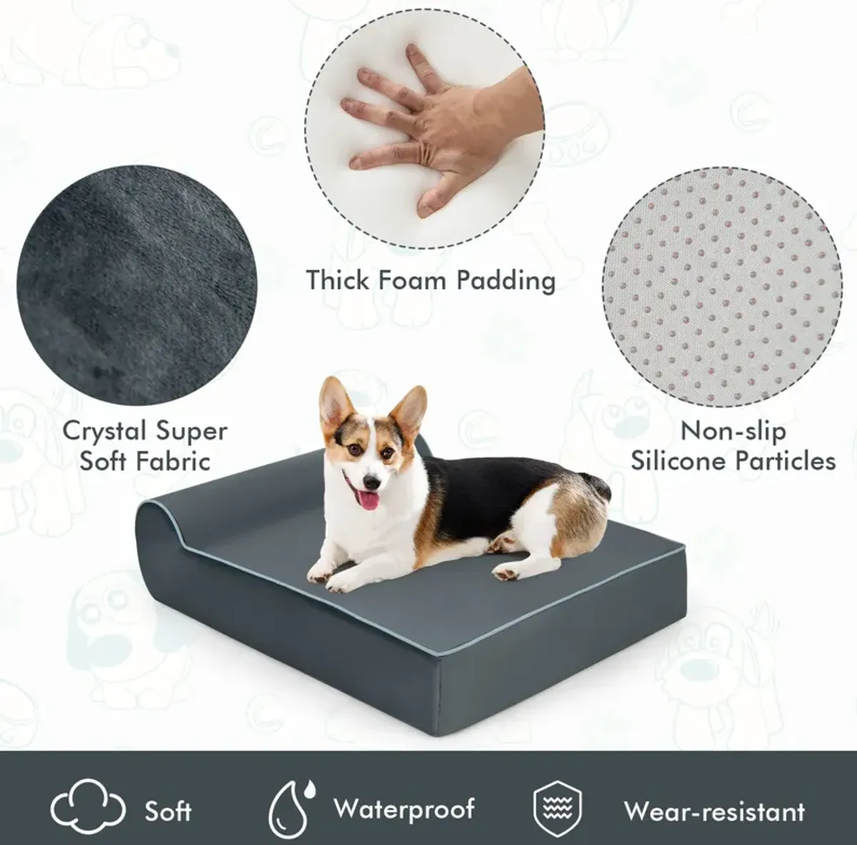 Orthopedic Dog Bed with Headrest and Removable Washable Cover-Grey