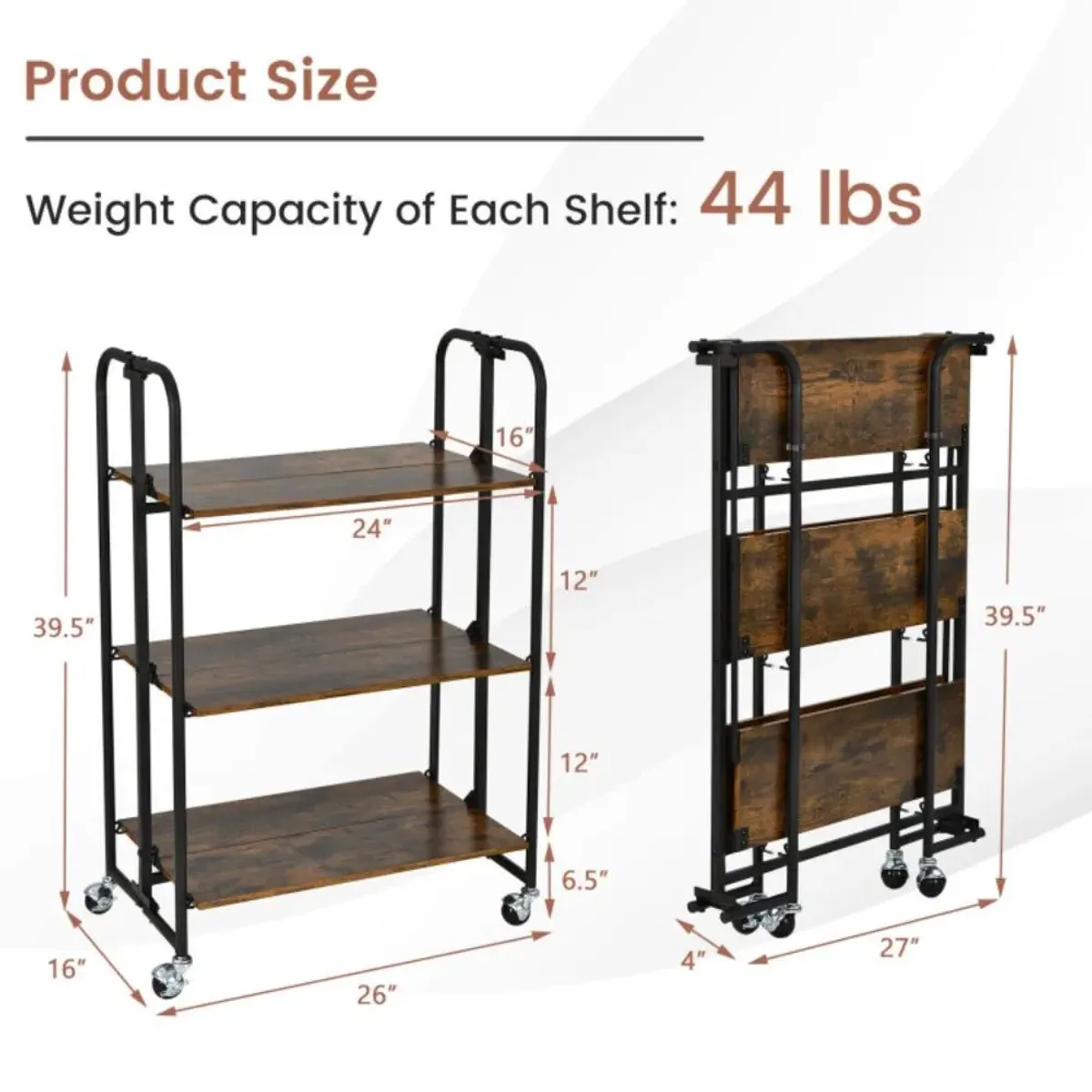 Hivvago Foldable Rolling Cart with Storage Shelves for Kitchen