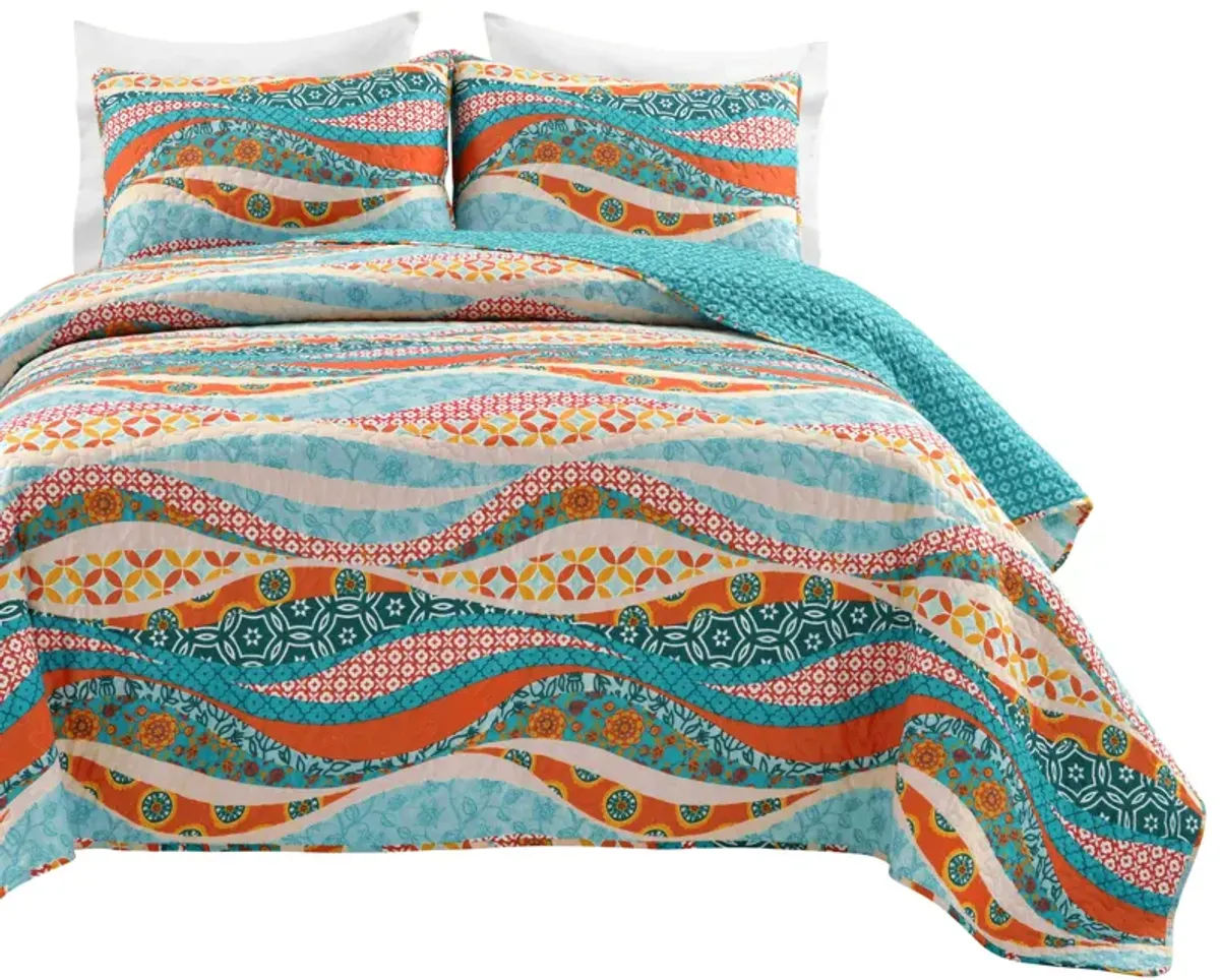 Hailey Watercolor Wave Reversible Cotton Quilt 3Pc Set