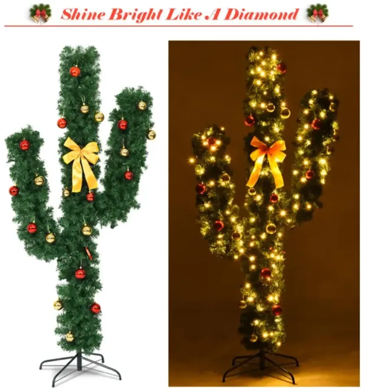 Hivvago 5/6/7 Feet Artificial Cactus PVC Christmas Tree with LED Lights and Ball Ornaments