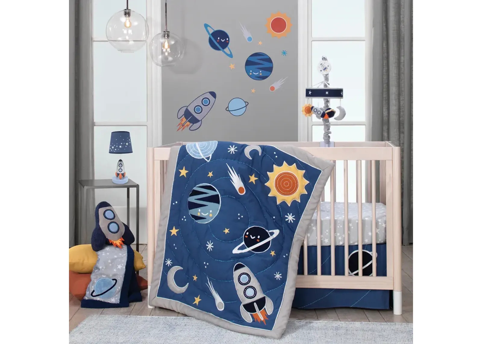 Lambs & Ivy Milky Way Space Galaxy 4-Piece Baby Nursery Crib Bedding Set - Blue/Gray