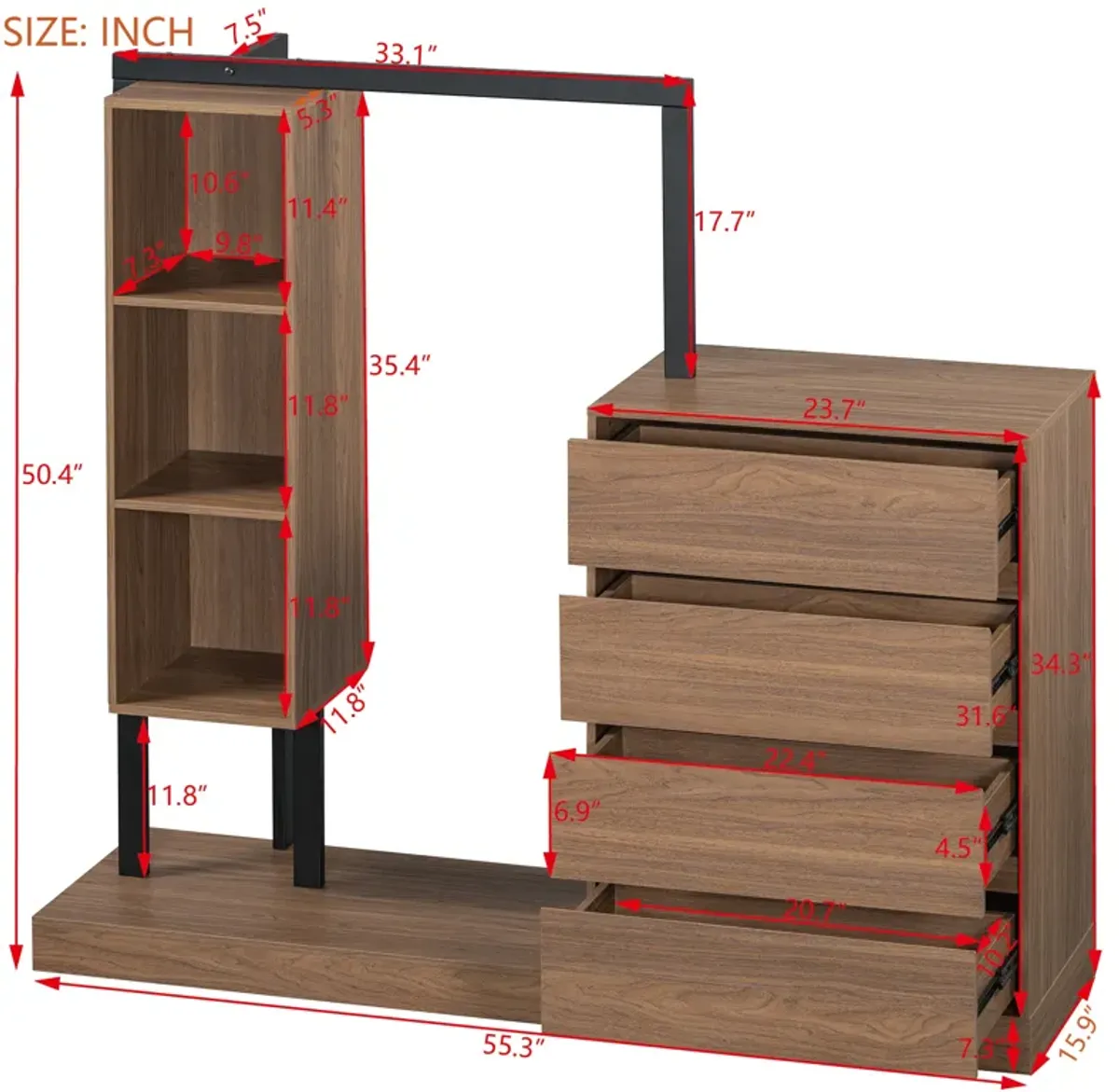 Merax Wardrobe with 4 Drawers and 3 Shelves