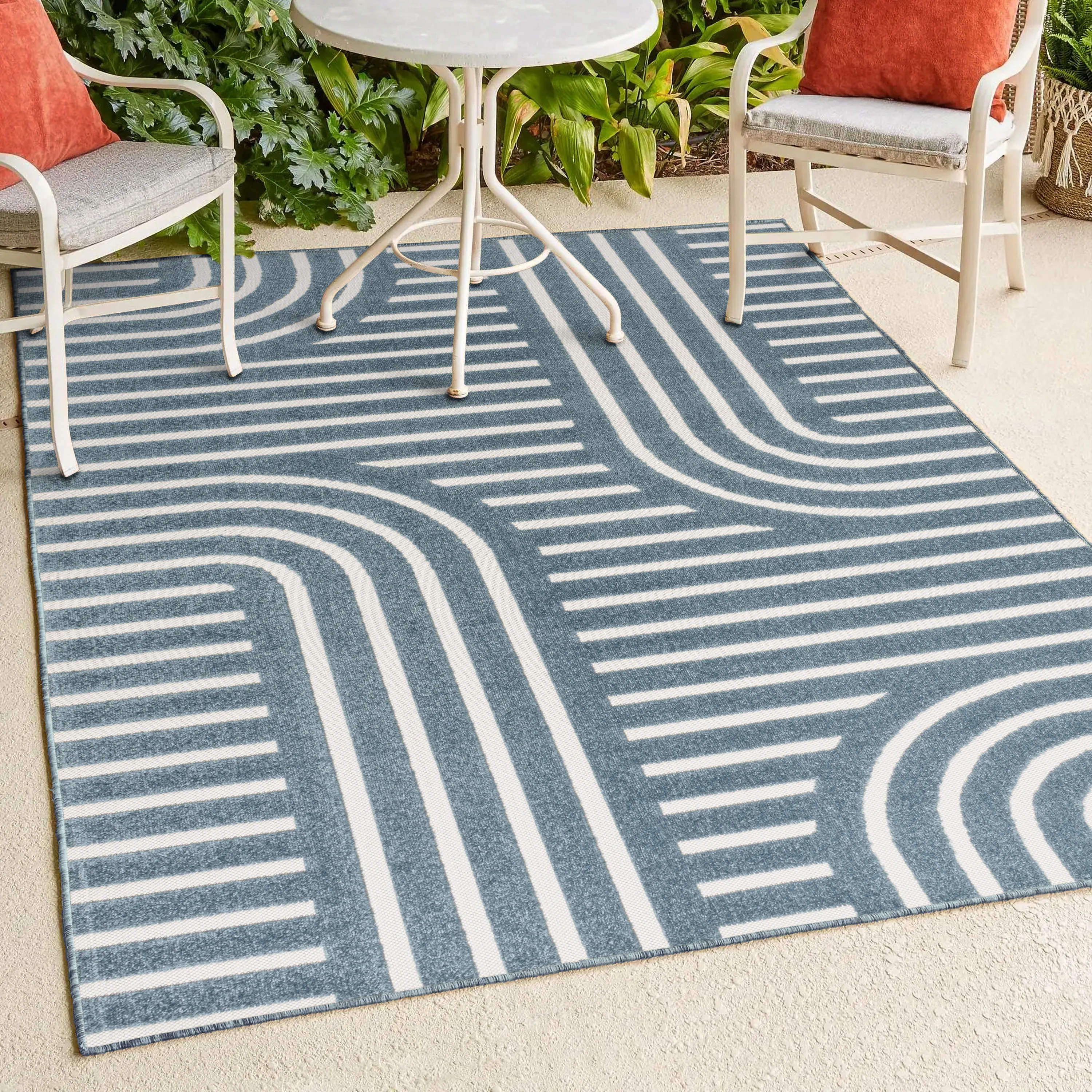 Anders High-Low MidCentury Modern Arch Stripe Two-Tone Navy/Cream 4 ft. x 6 ft. Indoor/Outdoor Area Rug