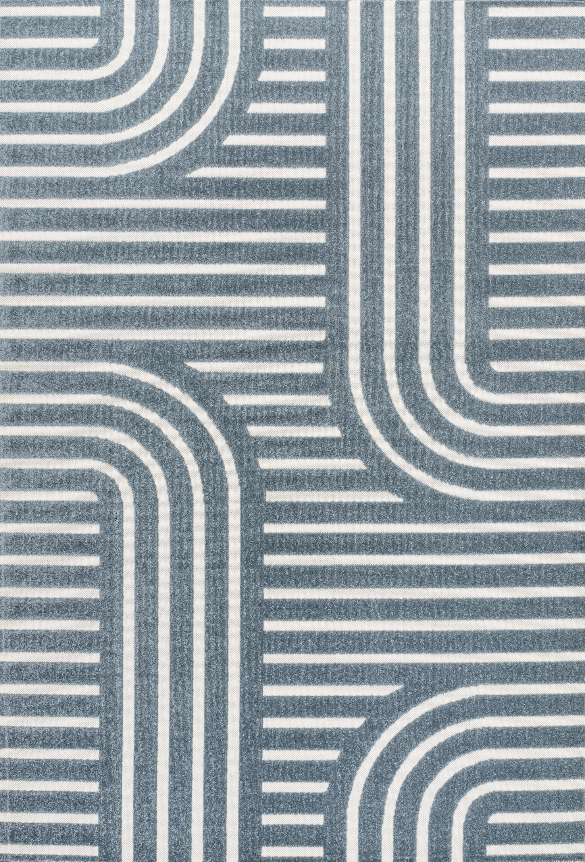 Anders High-Low MidCentury Modern Arch Stripe Two-Tone Navy/Cream 4 ft. x 6 ft. Indoor/Outdoor Area Rug