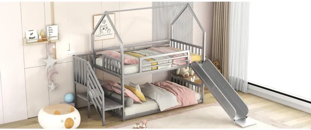 Twin Over Twin Metal Bunk Bed House Bed With Slide And Staircase, Silver