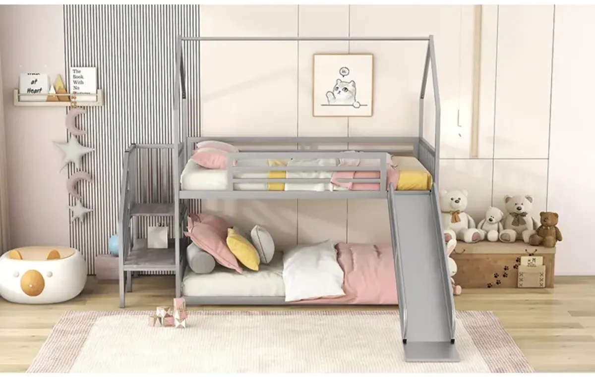 Twin Over Twin Metal Bunk Bed House Bed With Slide And Staircase, Silver