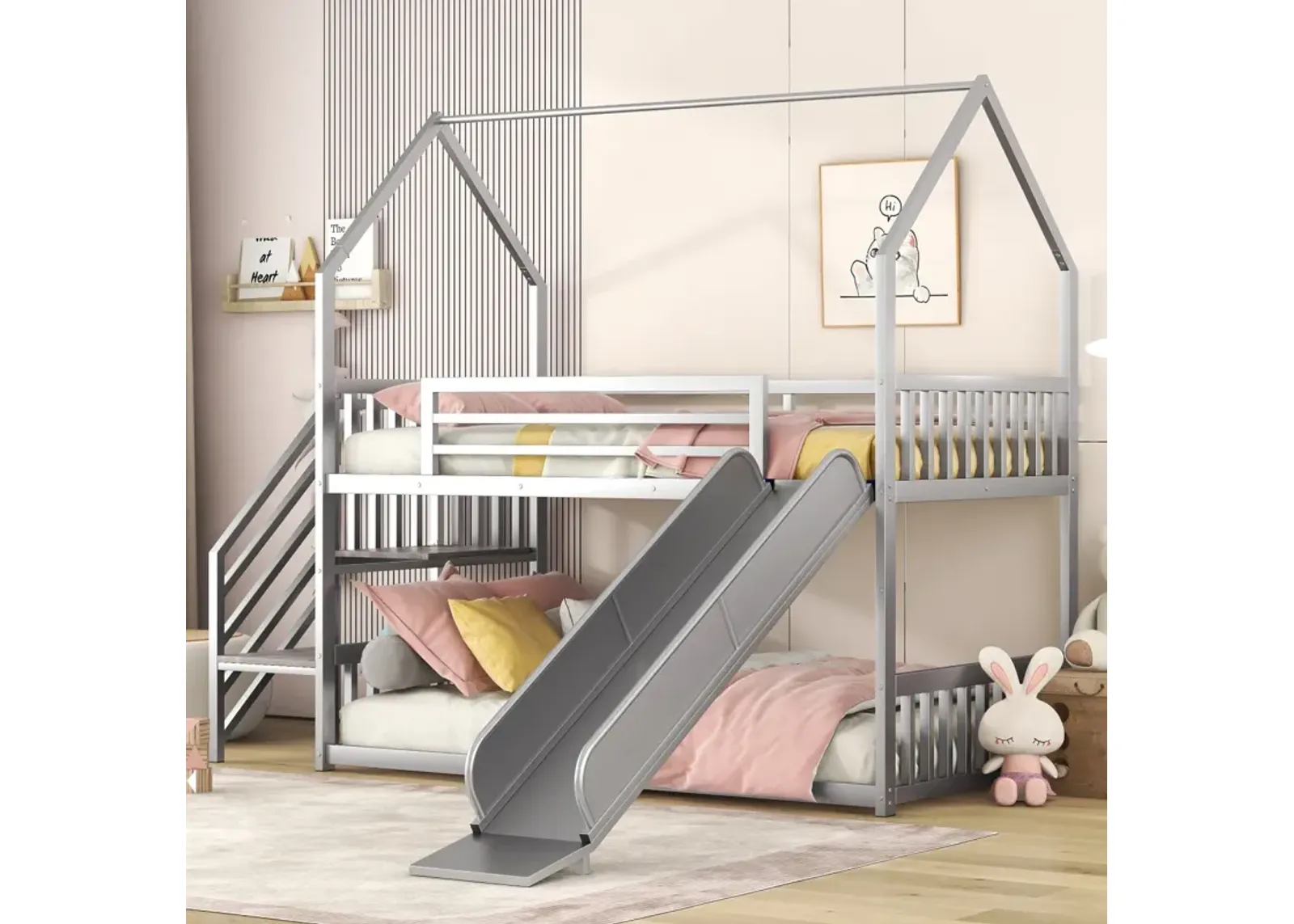 Twin Over Twin Metal Bunk Bed House Bed With Slide And Staircase, Silver