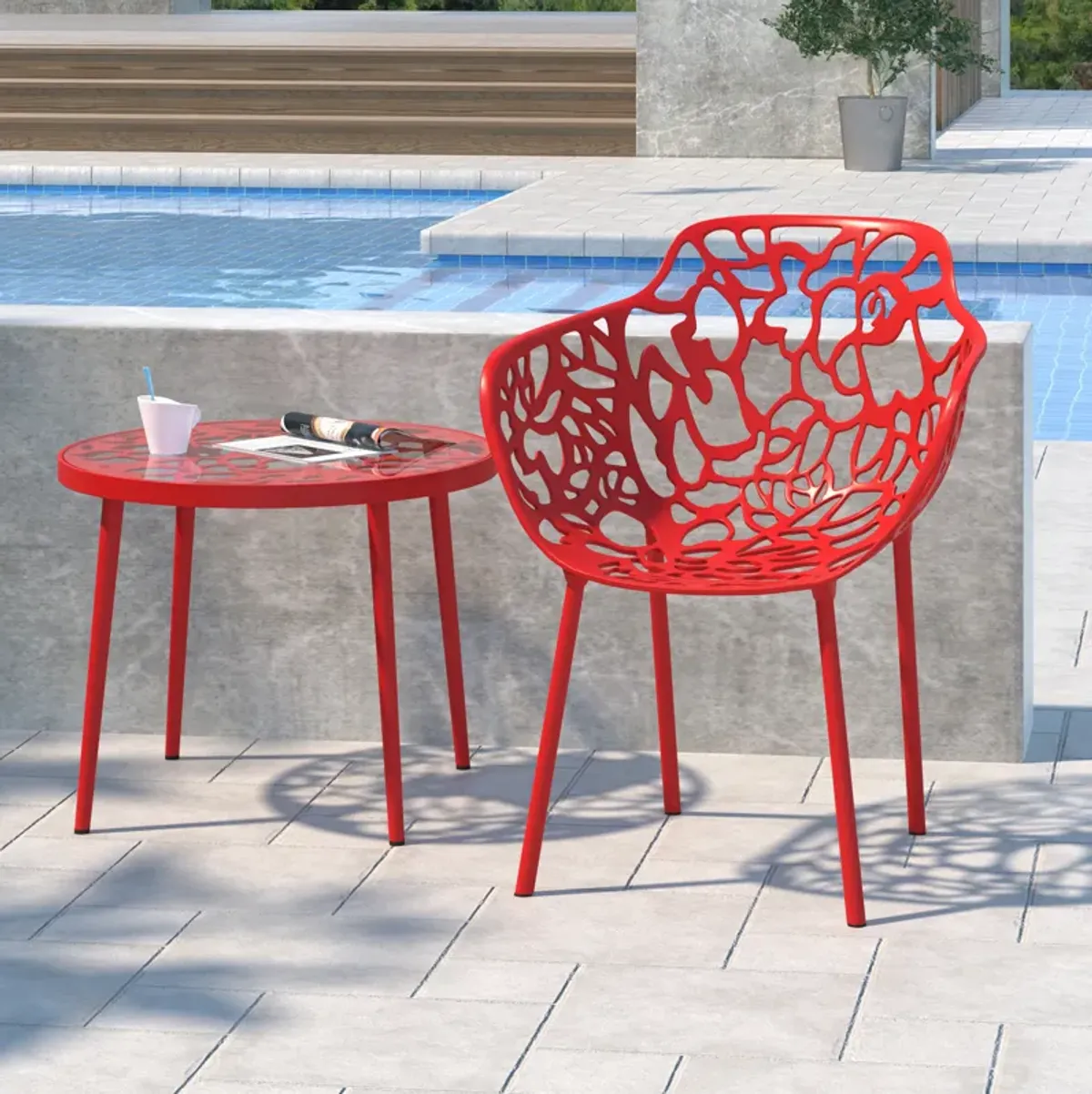 LeisureMod Devon Tree Design Glass Top Aluminum Base Outdoor End Table