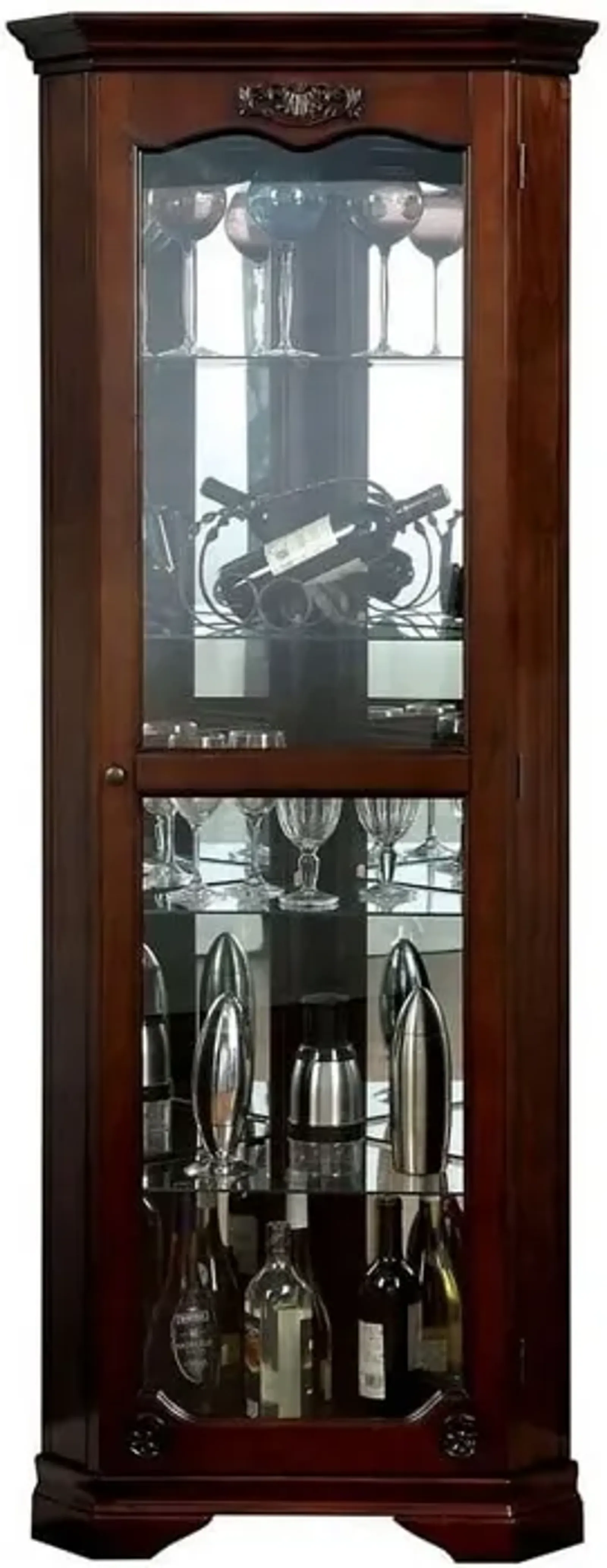 72 Inch Corner Curio Cabinet, 5 Shelves, Tempered Glass Door, Brown Wood - Benzara