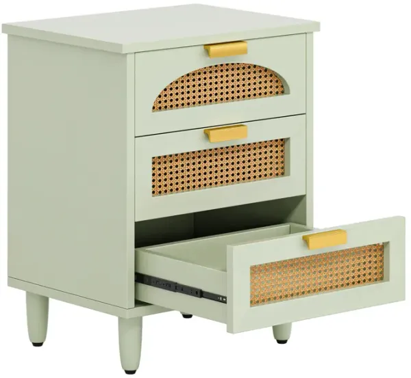 Nightstand with Three Drawers, Accent Night Stand, Rattan Side Table End Table, Easy Assembly Bedside Tables for Small Spaces