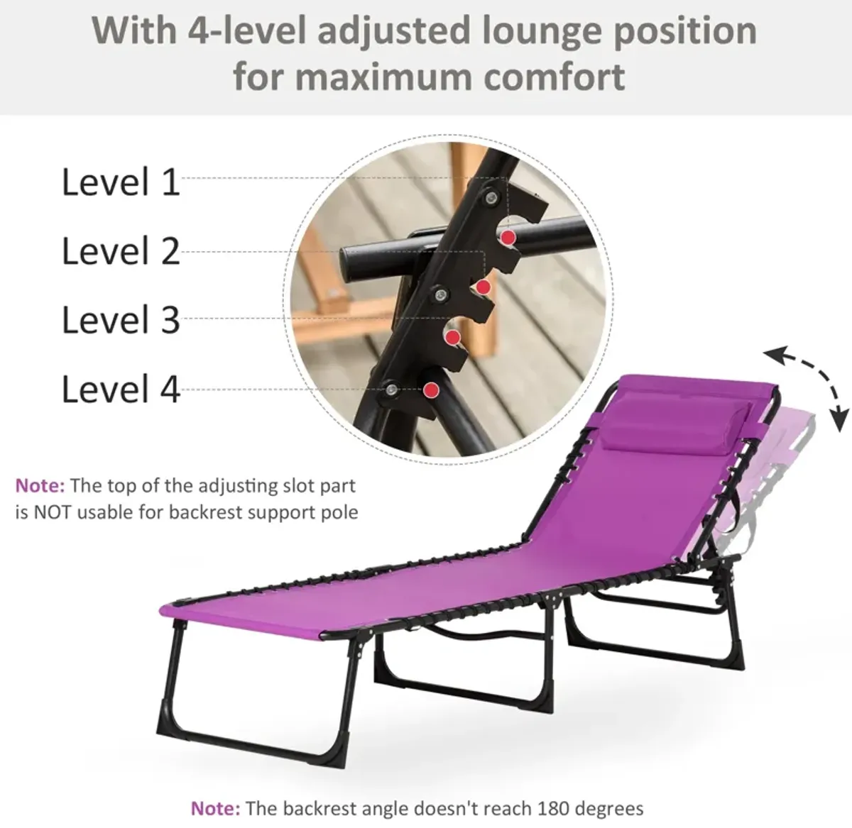 Purple Patio Lounger: 4-Position Folding Chaise with Pillow