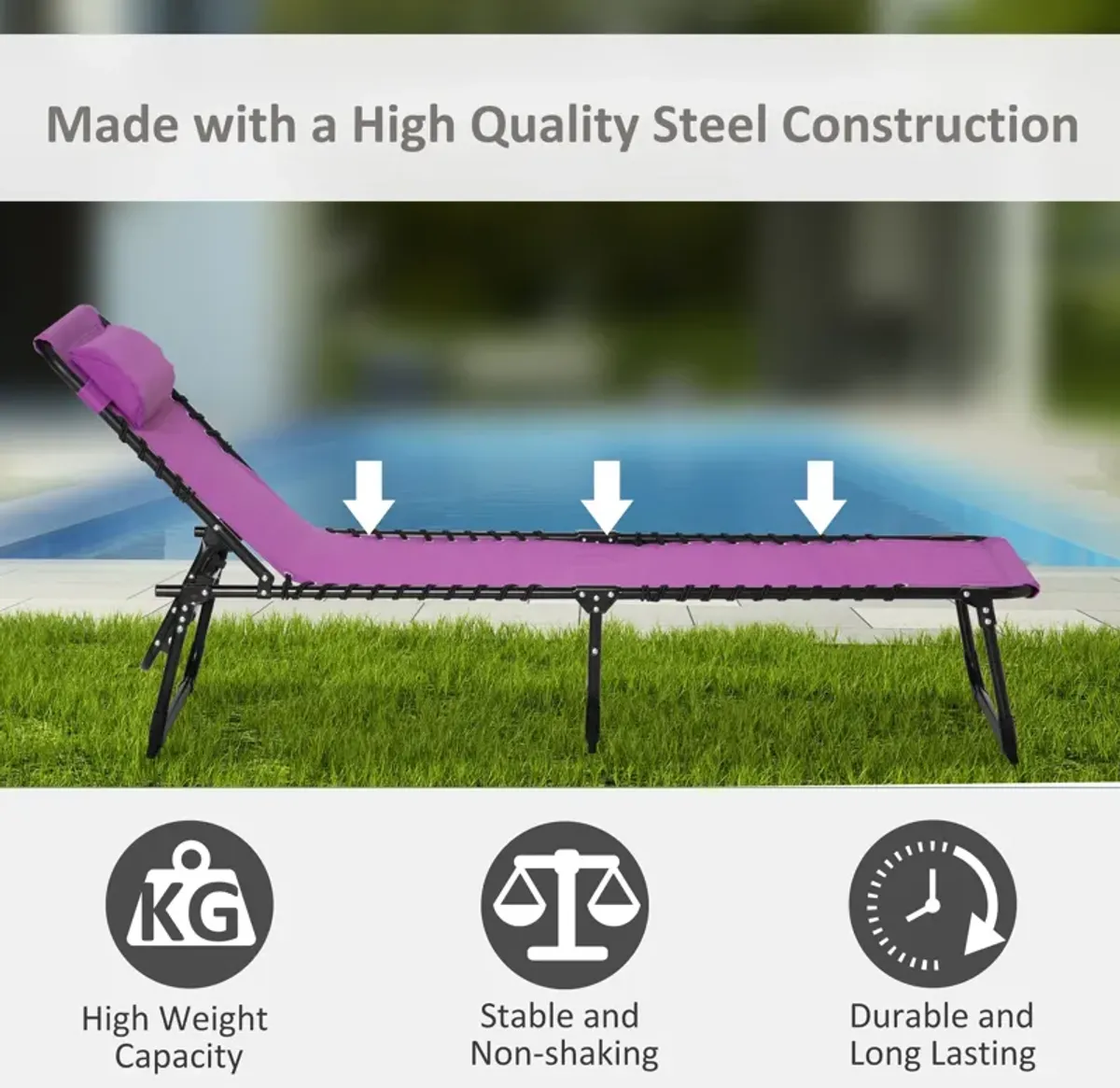 Purple Patio Lounger: 4-Position Folding Chaise with Pillow