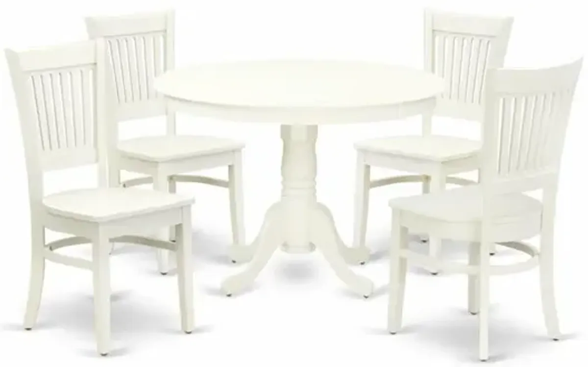 East West Furniture - HLVA5-LWH-W - 5-Pc dining room table Set- 4 Dining Room Chair and Wooden Dining Table - Wooden Seat and Slatted Chair Back - Linen White Finish