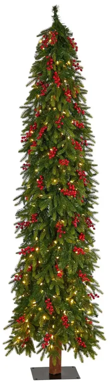 Nearly Natural 7-ft Victoria Fir Artificial Christmas Tree with 300 Multi-Color (Multifunction) LED Lights, Berries and 565 Bendable Branches