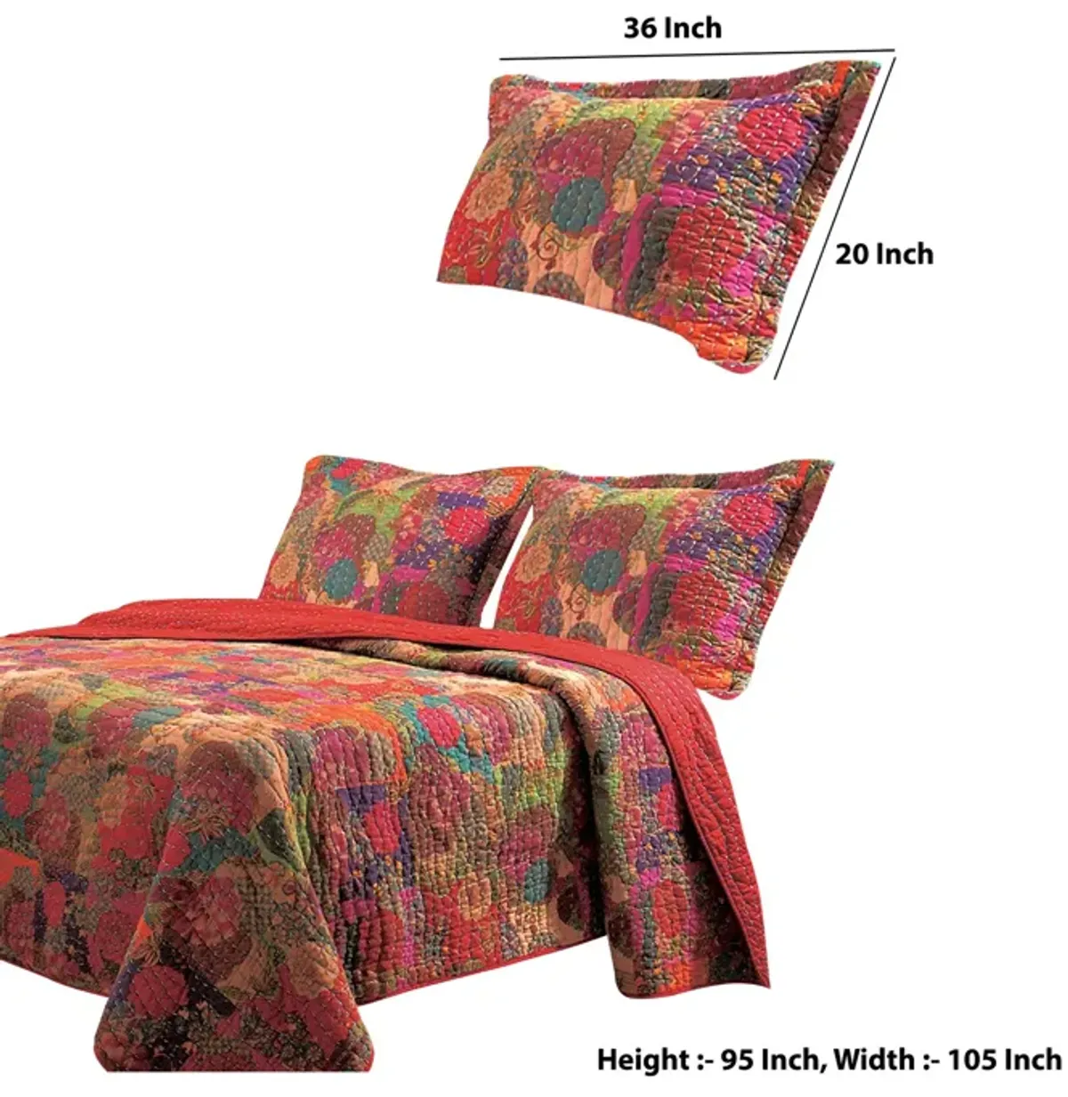 Tisa 3 Piece Reversible King Quilt Set with Floral and Fruit Pattern, Multicolor - Benzara