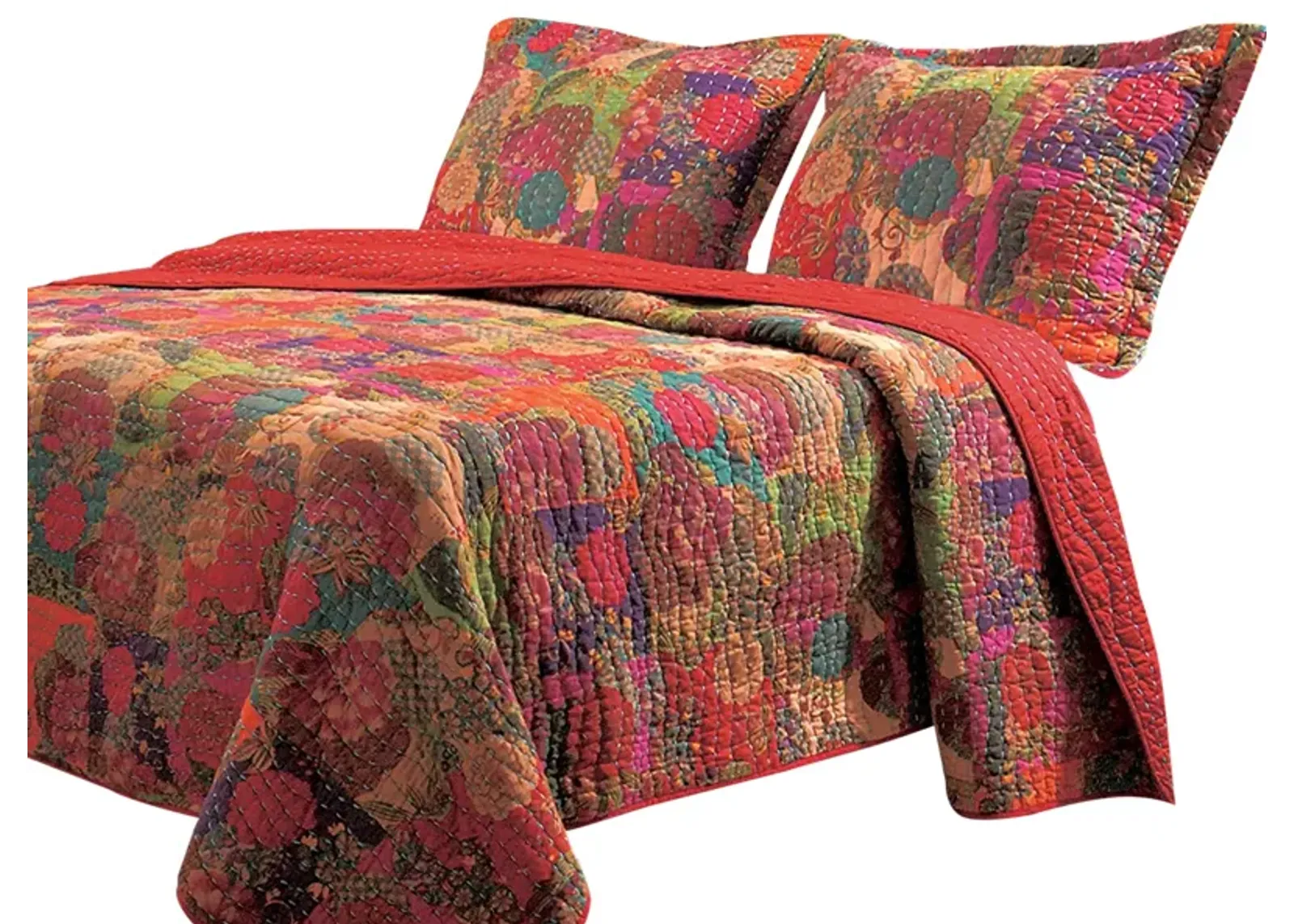 Tisa 3 Piece Reversible King Quilt Set with Floral and Fruit Pattern, Multicolor - Benzara