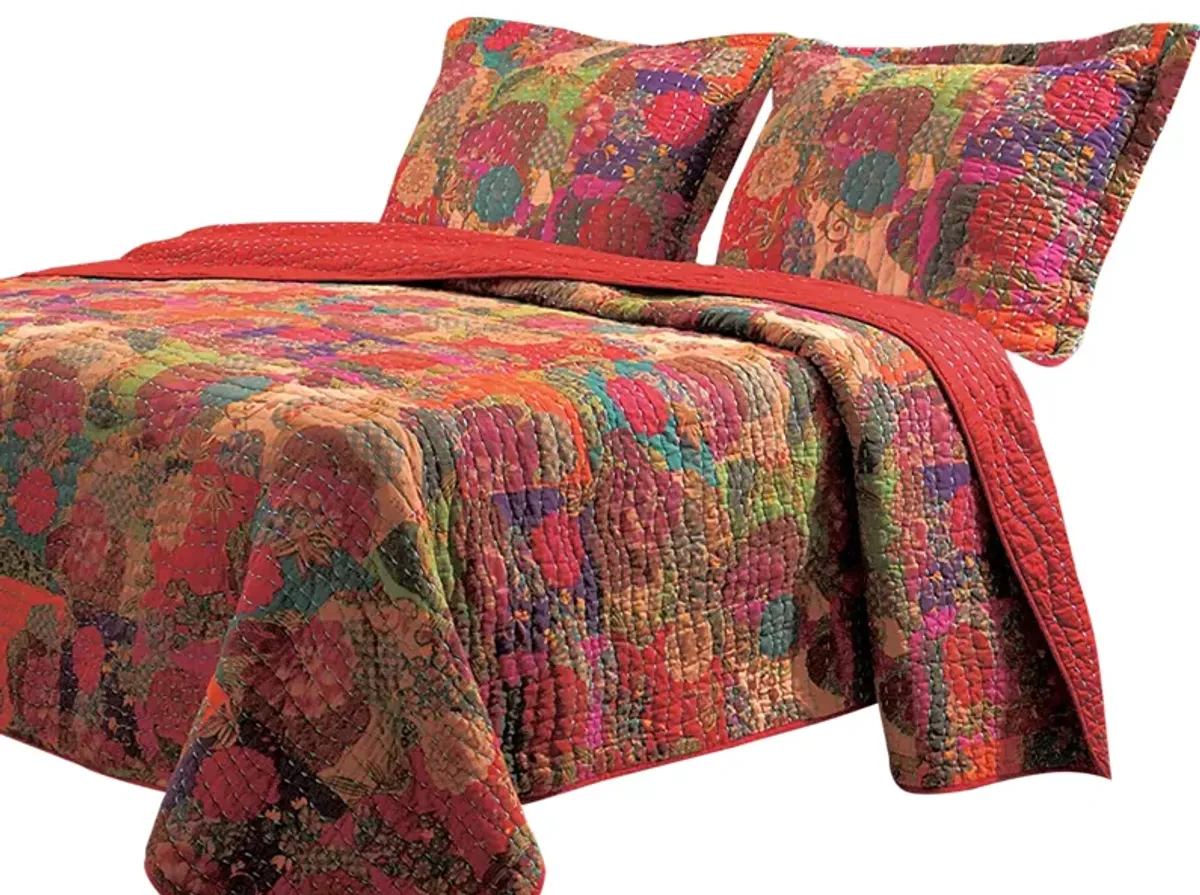 Tisa 3 Piece Reversible King Quilt Set with Floral and Fruit Pattern, Multicolor - Benzara