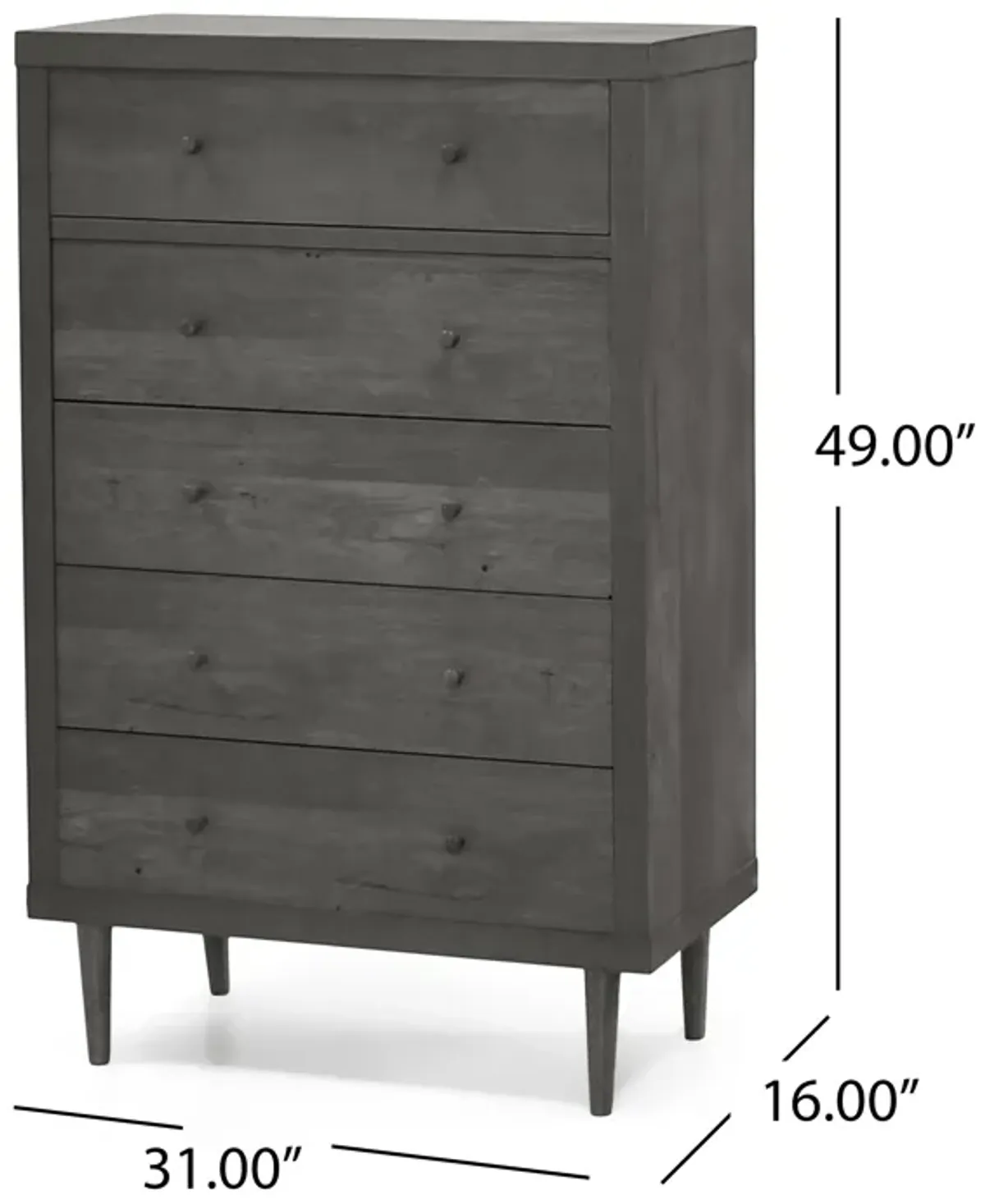 Minie Tall Dresser Chest, 5 Drawers, Rubberwood Legs, Modern Gray - Benzara