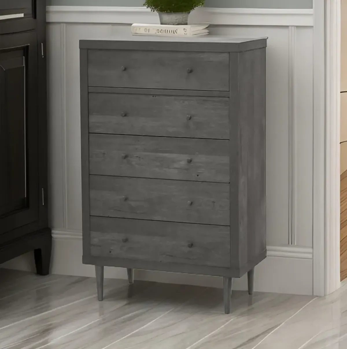 Minie Tall Dresser Chest, 5 Drawers, Rubberwood Legs, Modern Gray - Benzara