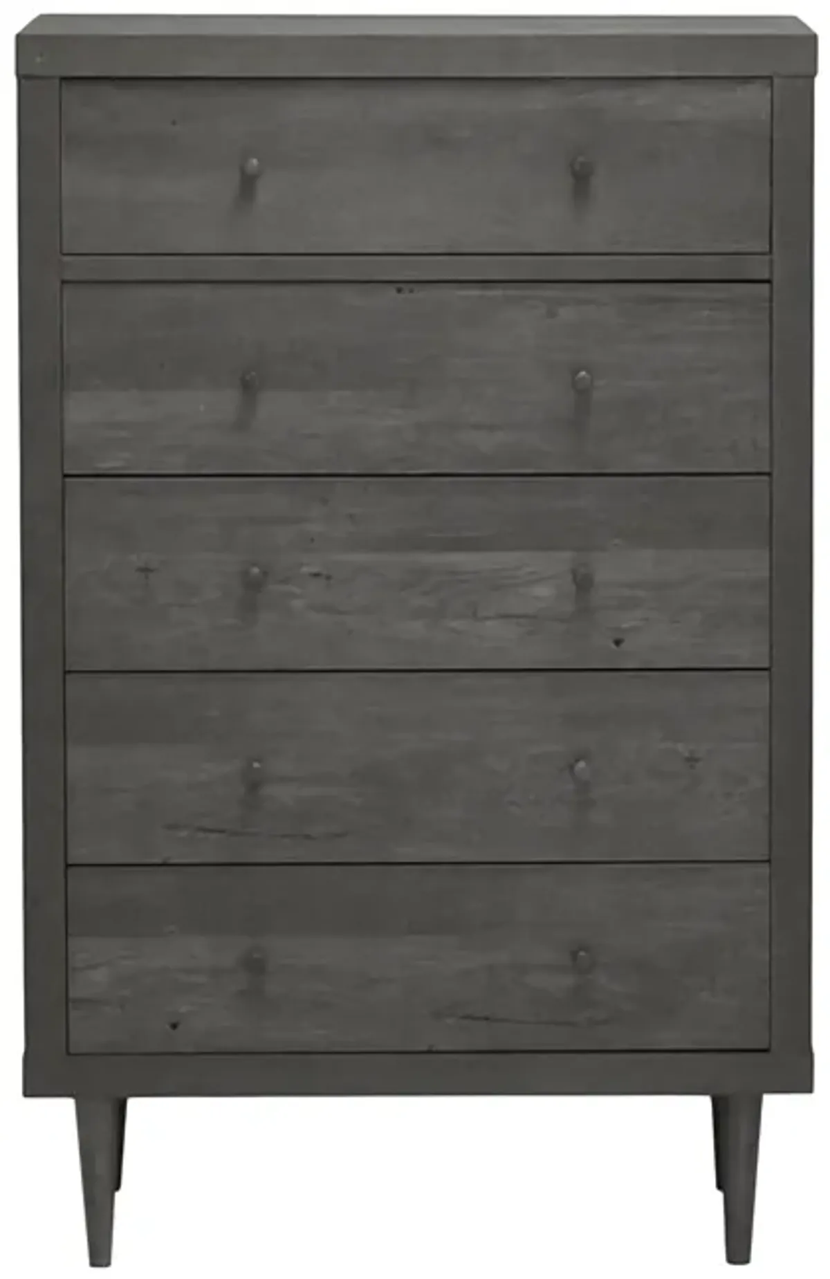 Minie Tall Dresser Chest, 5 Drawers, Rubberwood Legs, Modern Gray - Benzara