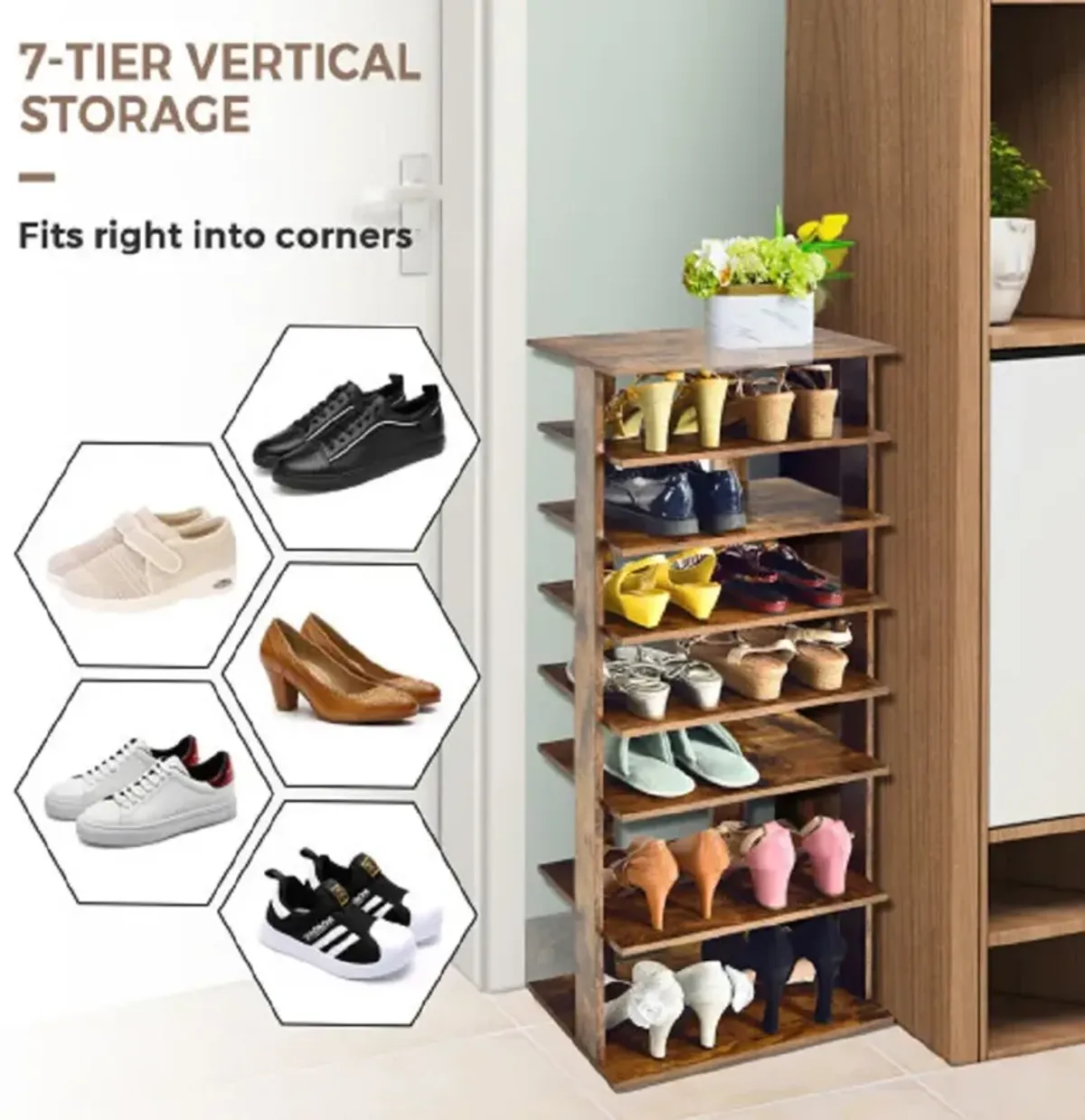 7-Tier Dual 14 Pair Shoe Rack Free Standing Concise Shelves Storage