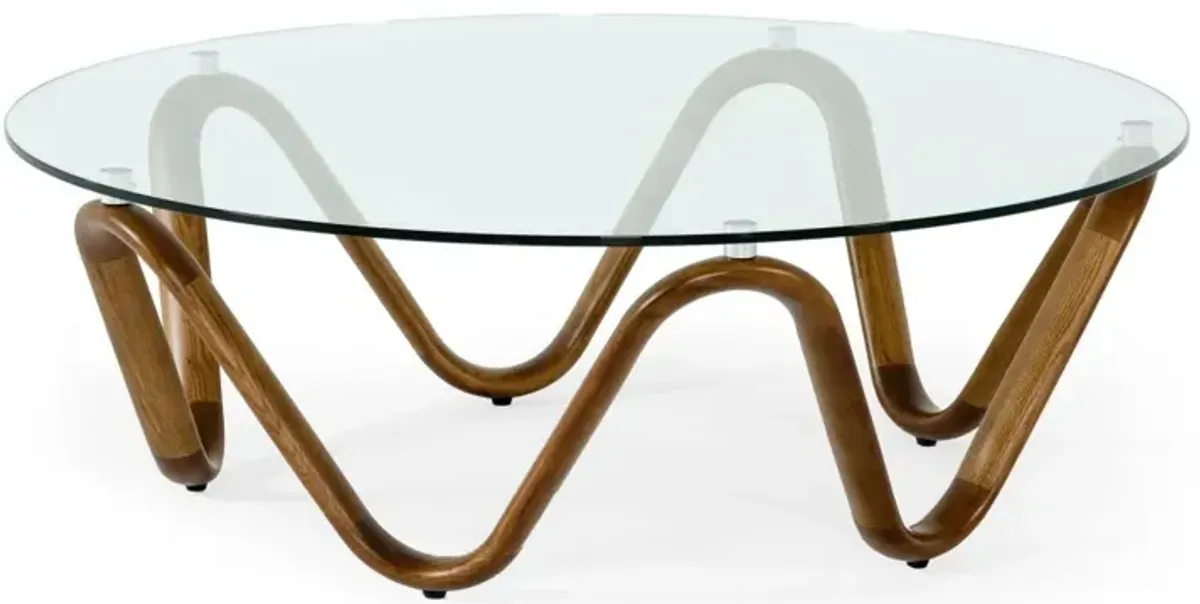 45 Walnut And Clear Glass Abstract Wood Round Coffee Table